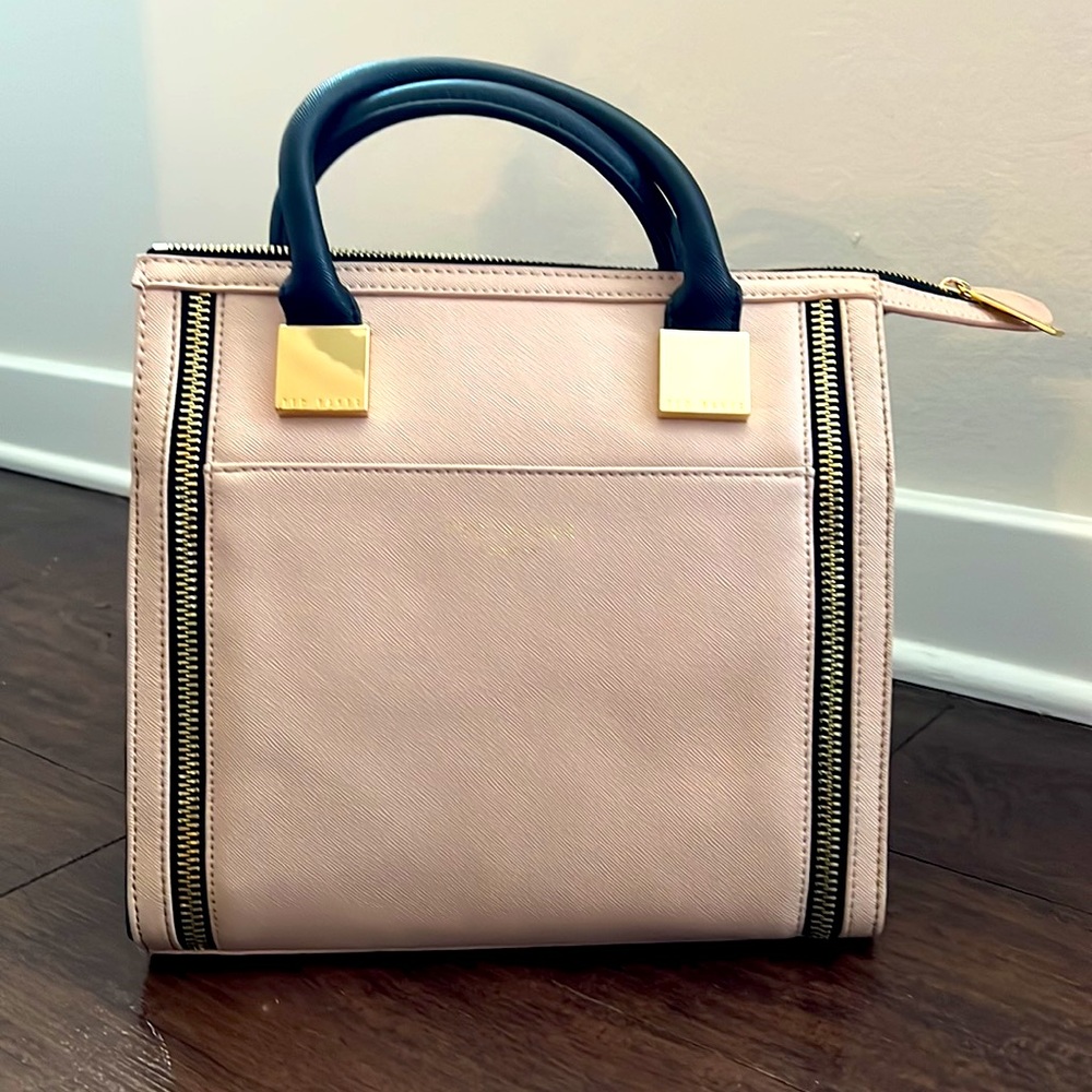 Ted Baker embossed branded tan/black leather medium tote bag with zipper detail